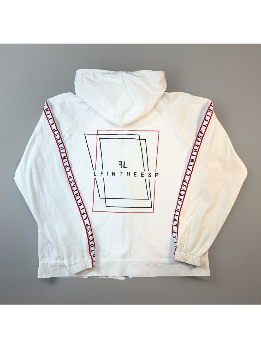 LF Stores Womens Medium Full Zip Hoodie Jacket Cream Logo Tape Graphic Back -752